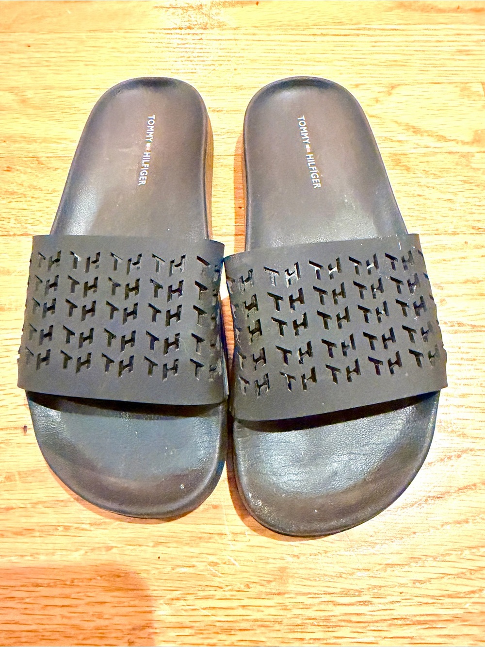 Tommy Hilfiger Black Perforated Logo Slide Sandals